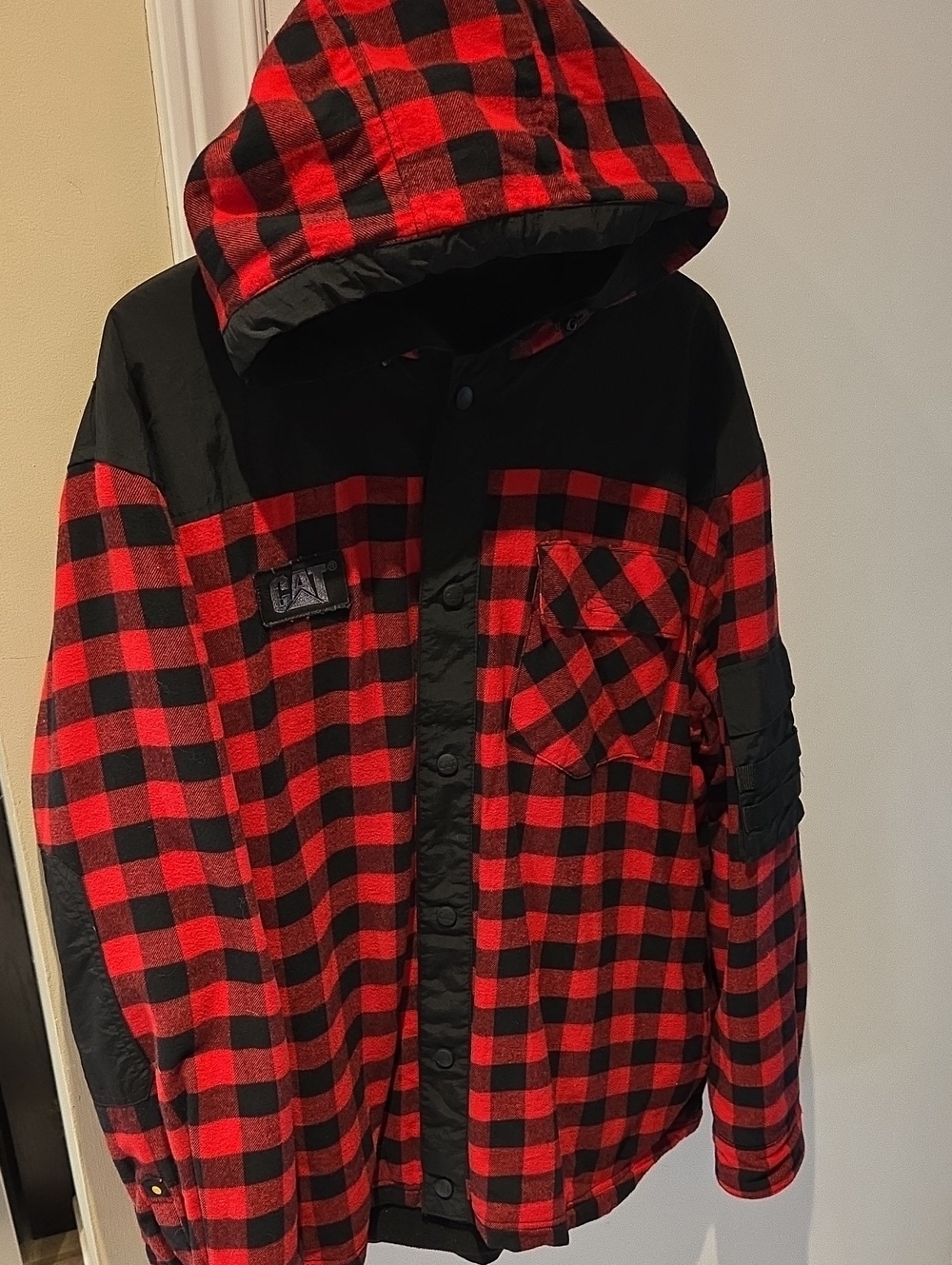 Caterpillar Sequoia Shirt Jacket Men's Checkered Hooded Jacket Red & Black